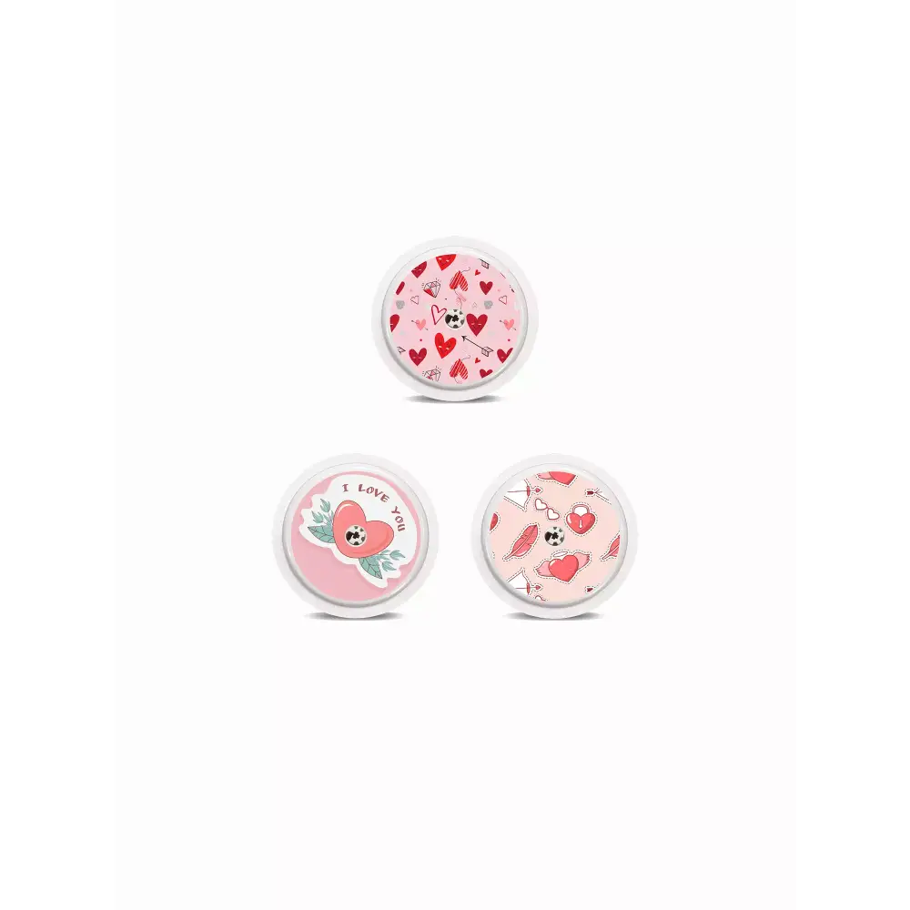 Valentine's Day 2024 themed Freestyle Libre 2 sensor stickers with rainbow hearts and love motifs.