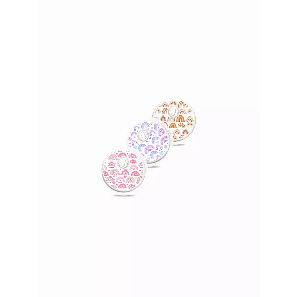 Valentine's Day-themed Freestyle Libre 3 sensor stickers in vibrant colors, water-resistant and easy to apply.
