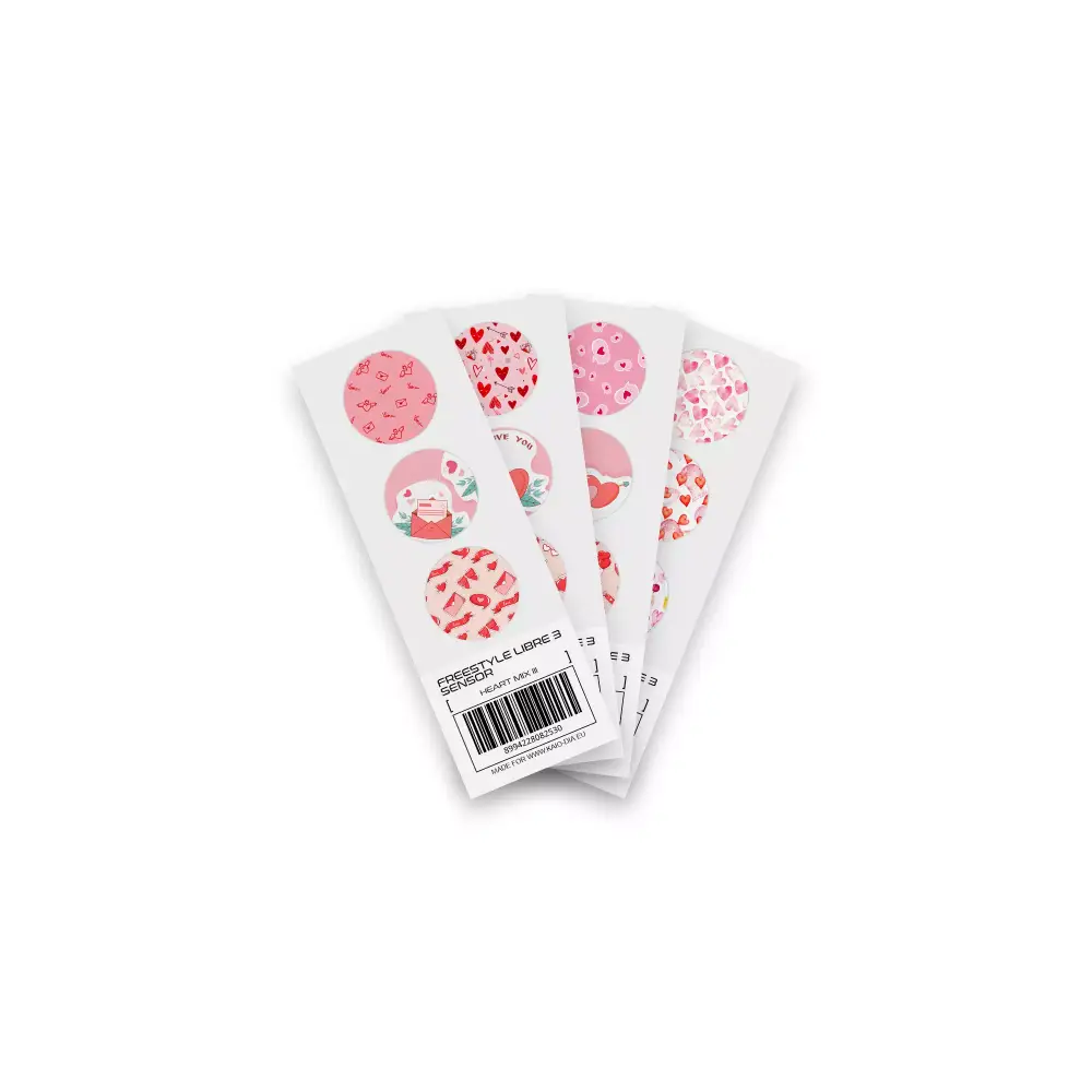 Valentine-themed Freestyle Libre 3 sensor stickers.