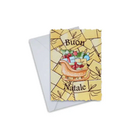 Elegant Christmas greeting card with festive sleigh design and "Buon Natale" text, featuring vibrant colors and festive decorations.