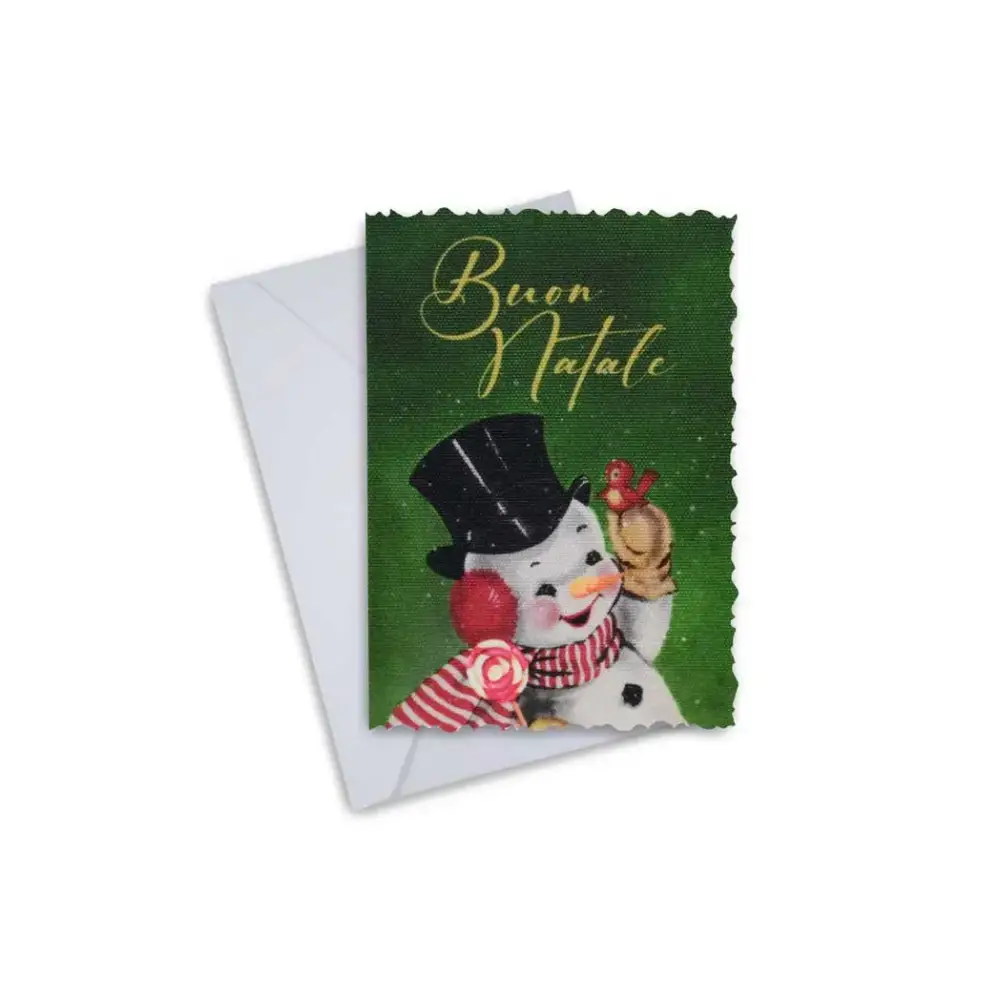 Elegant Christmas greeting card featuring a snowman with "Buon Natale" text.