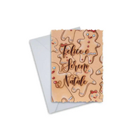 Elegant Christmas Greeting Card with gingerbread design and envelope.