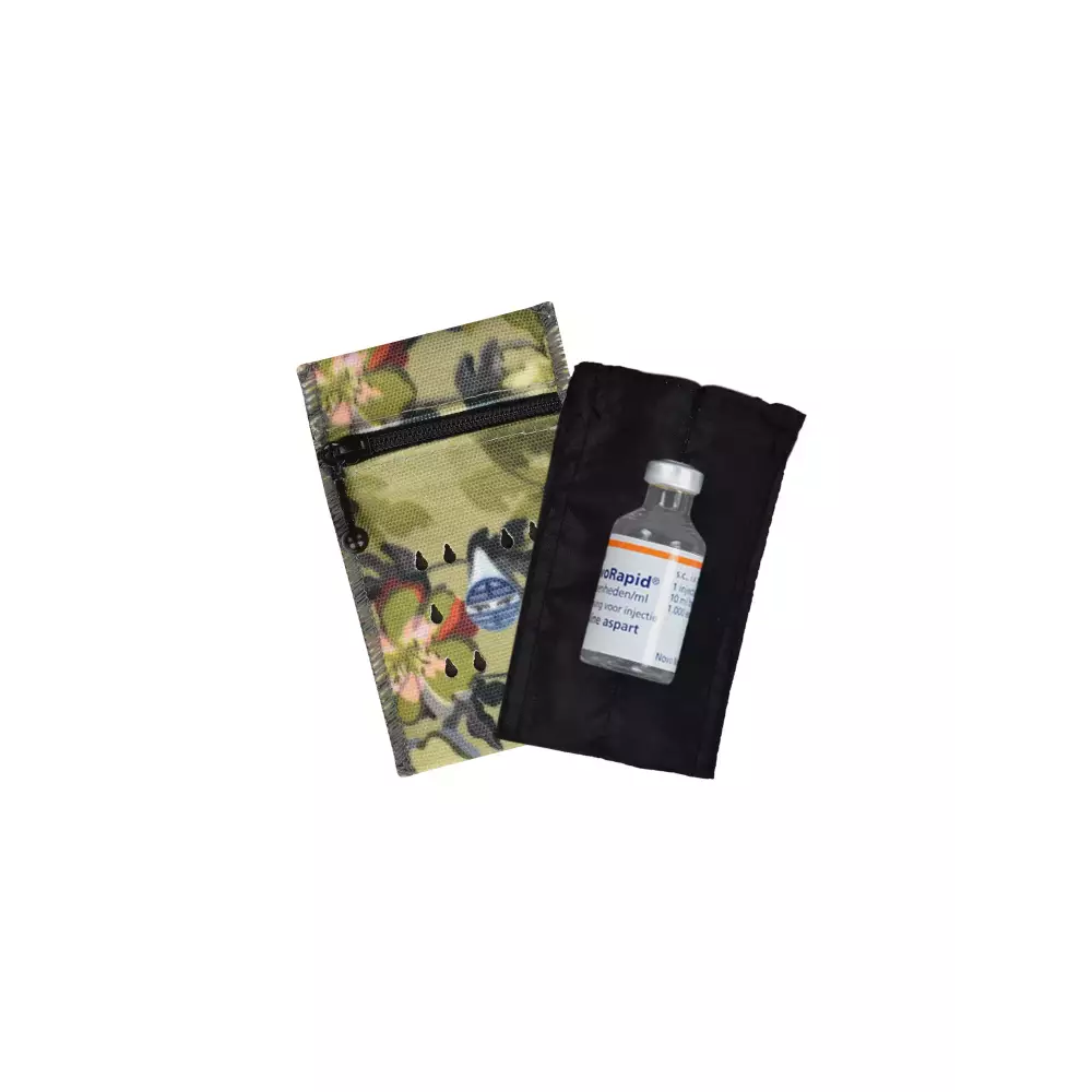 Insulin travel case cooler with floral design, keeps vial cold up to 48 hours without electricity.
