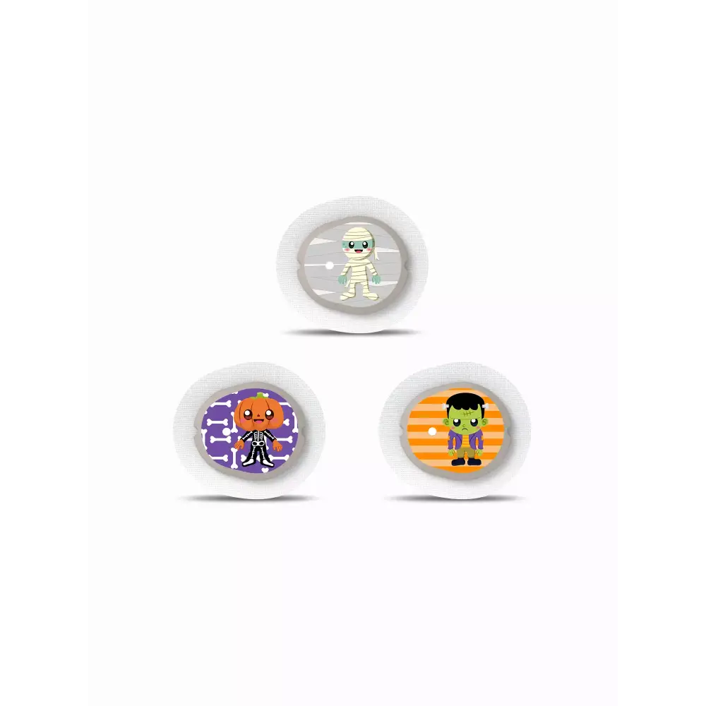 Halloween-themed Dexcom G7 stickers featuring mummy, pumpkin, and Frankenstein designs.