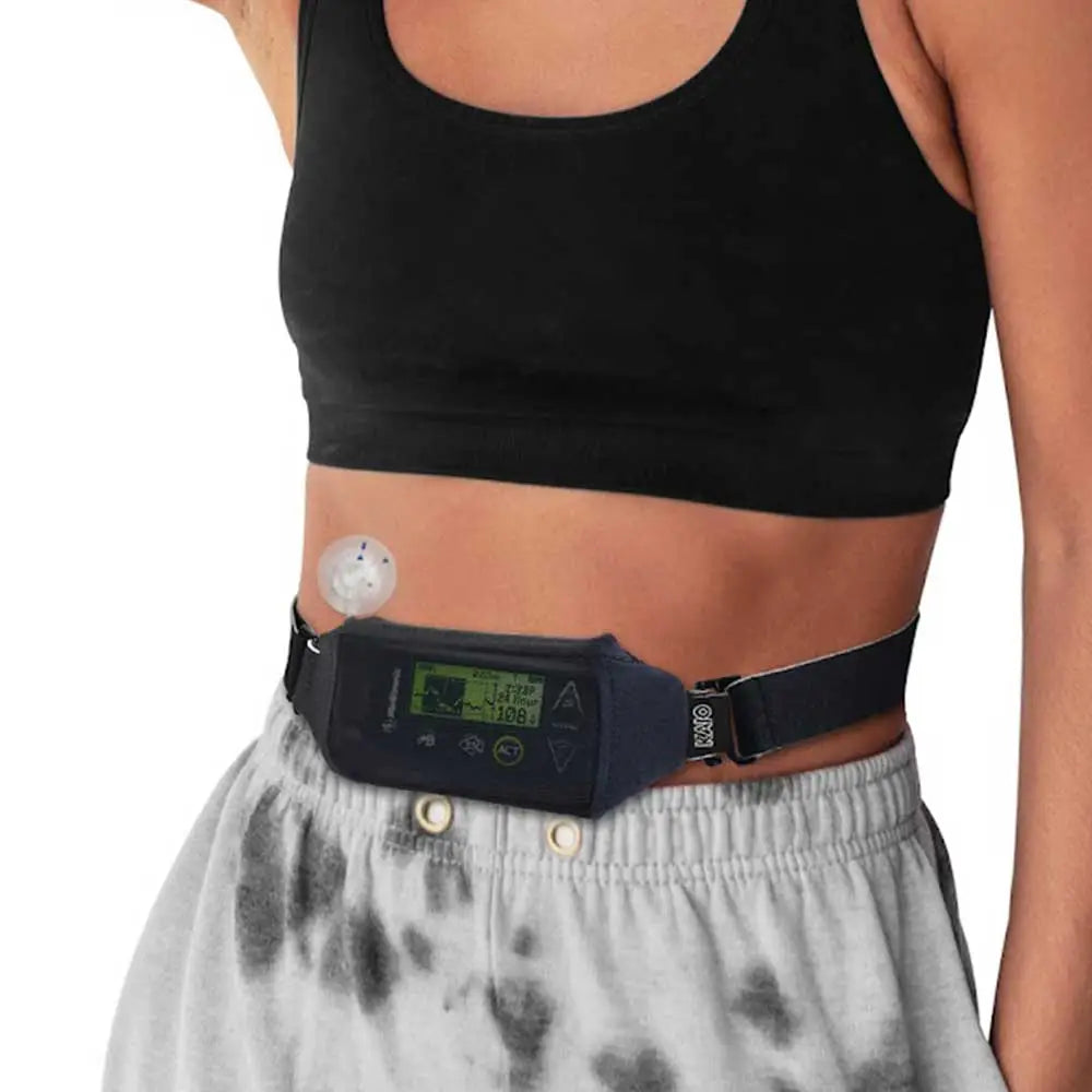 Insulin pump pouch with mesh window for easy access and monitoring, worn on waist; suitable for Medtronic, Tandem t:slim X2, and more.