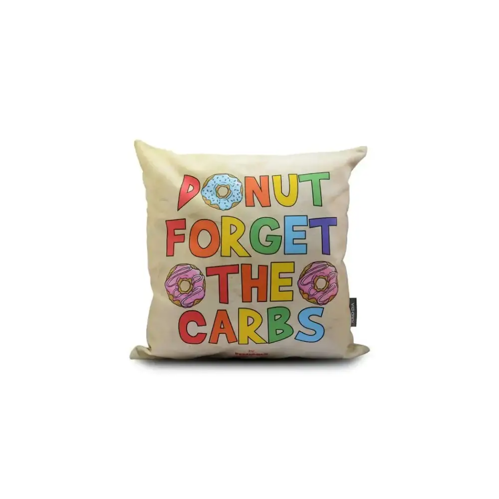 Diabetes awareness pillow cover with colorful "Donut Forget the Carbs" design.