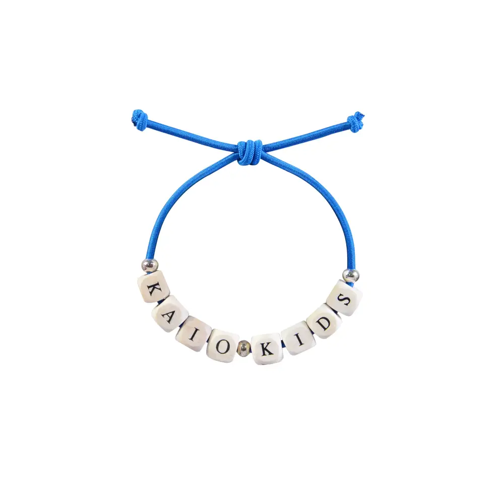 Diabetic bracelet with blue cord and letter beads, promoting diabetes awareness.