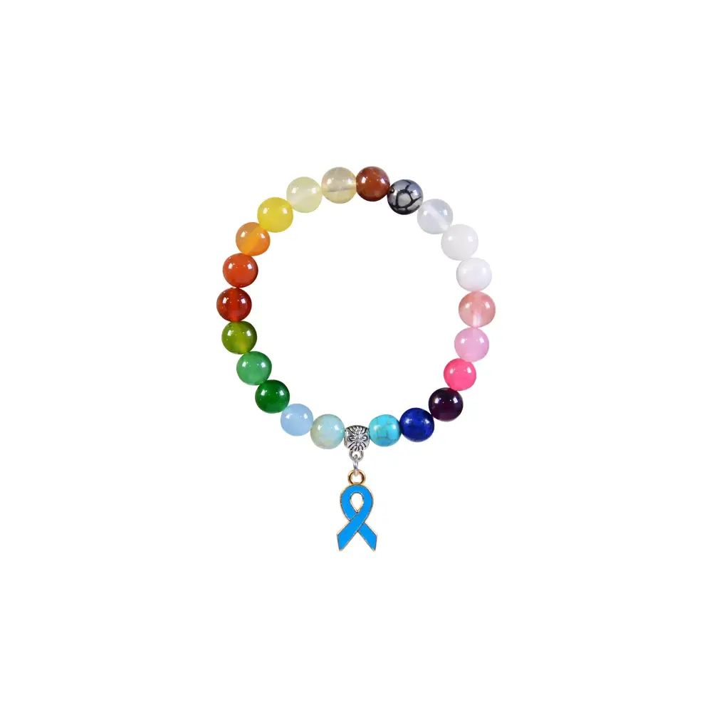 Colorful diabetic bracelet with a blue awareness ribbon charm, crafted with eco-friendly wooden beads for diabetes awareness and support.