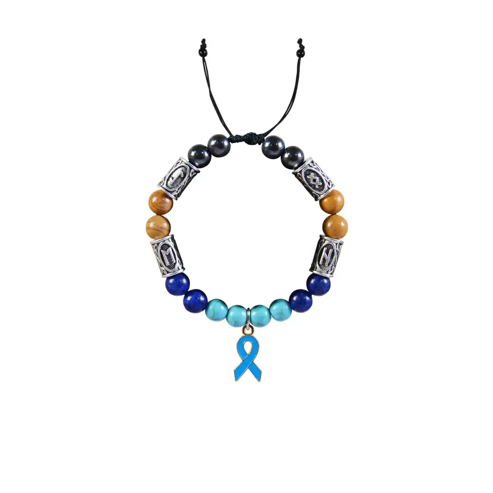 Diabetic awareness bracelet with blue ribbon charm and multicolored beads.