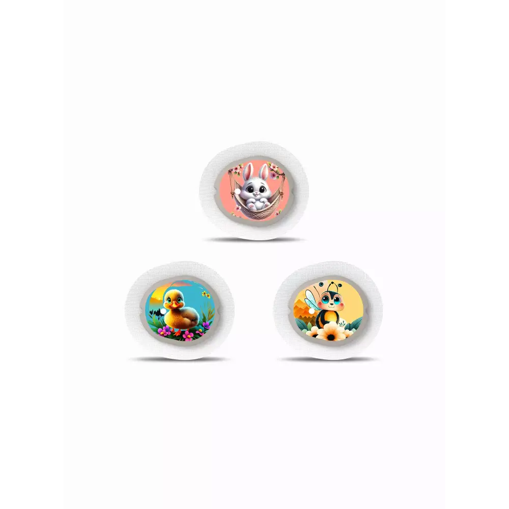Dexcom G7 Sensor Stickers Spring Edition 2024 with vibrant spring designs featuring a rabbit, duck, and bee.