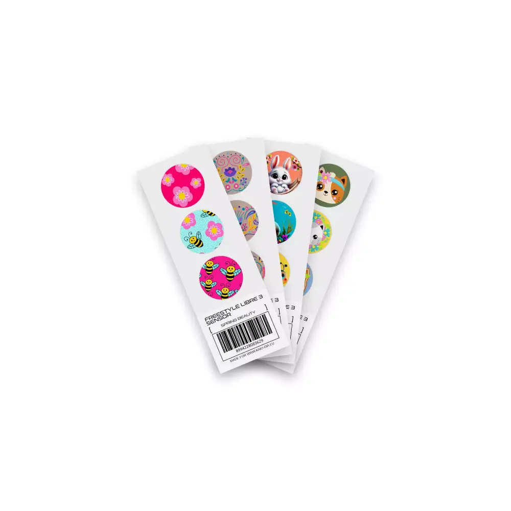 Freestyle Libre 3 Sensor Stickers Spring Edition 2024 with floral and animal designs.