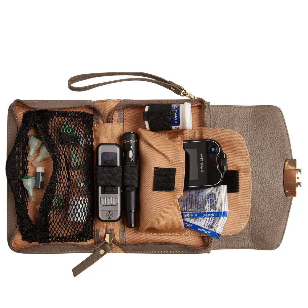 Feminine taupe leather diabetic shoulder bag with organized compartments for diabetes care supplies and accessories