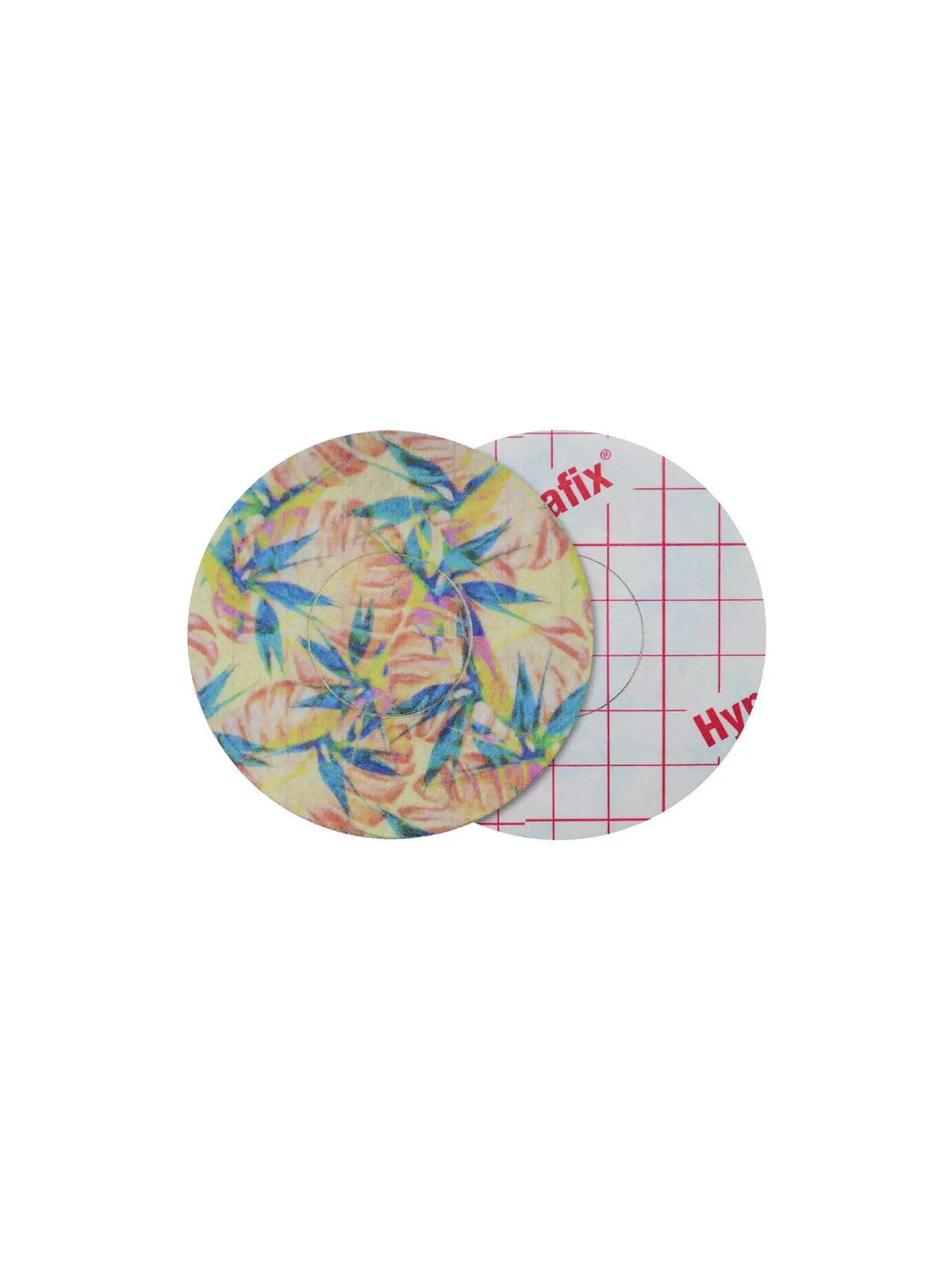 Plaster til FreeStyle Libre 2, design Tequila Sunrise, for- og bagside med beskyttelsespapir