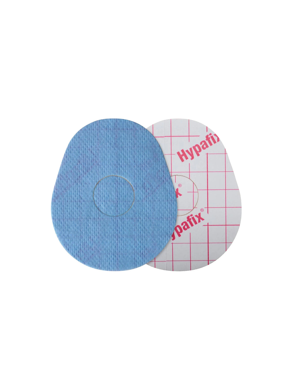 Plaster til FreeStyle Libre 3, form: dråbe, for- og bagside med beskyttelsespapir
