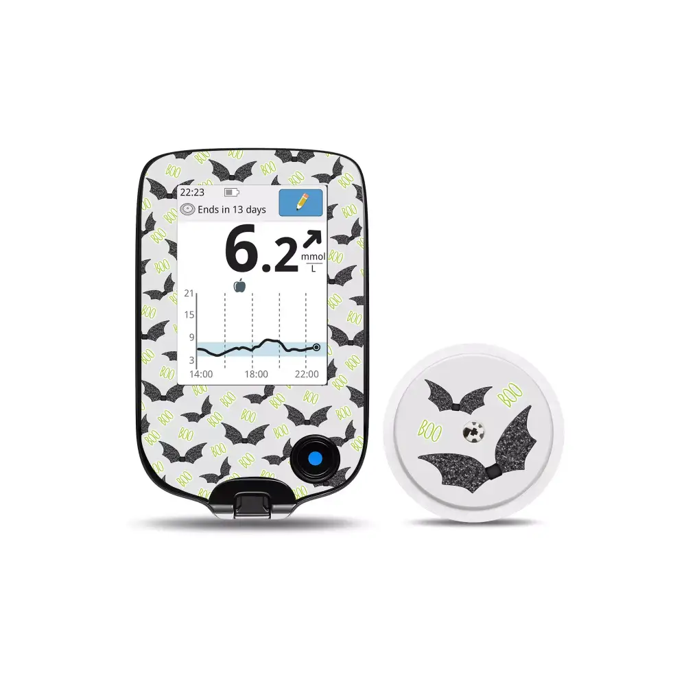 Freestyle Libre Halloween edition sensor stickers with bat and boo designs.