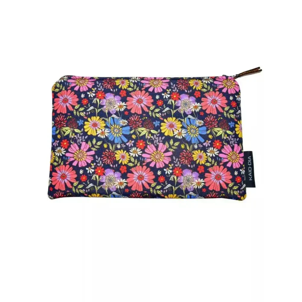 Floral Dia-Zipper Bag for Diabetics with compartments for glucose meter and supplies.