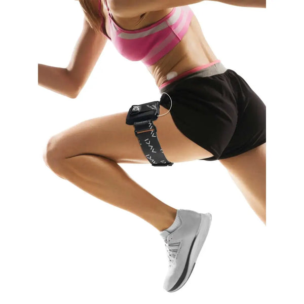 Insulin pump leg band and pouch for active diabetics, secure neoprene fit, discreet under clothing.