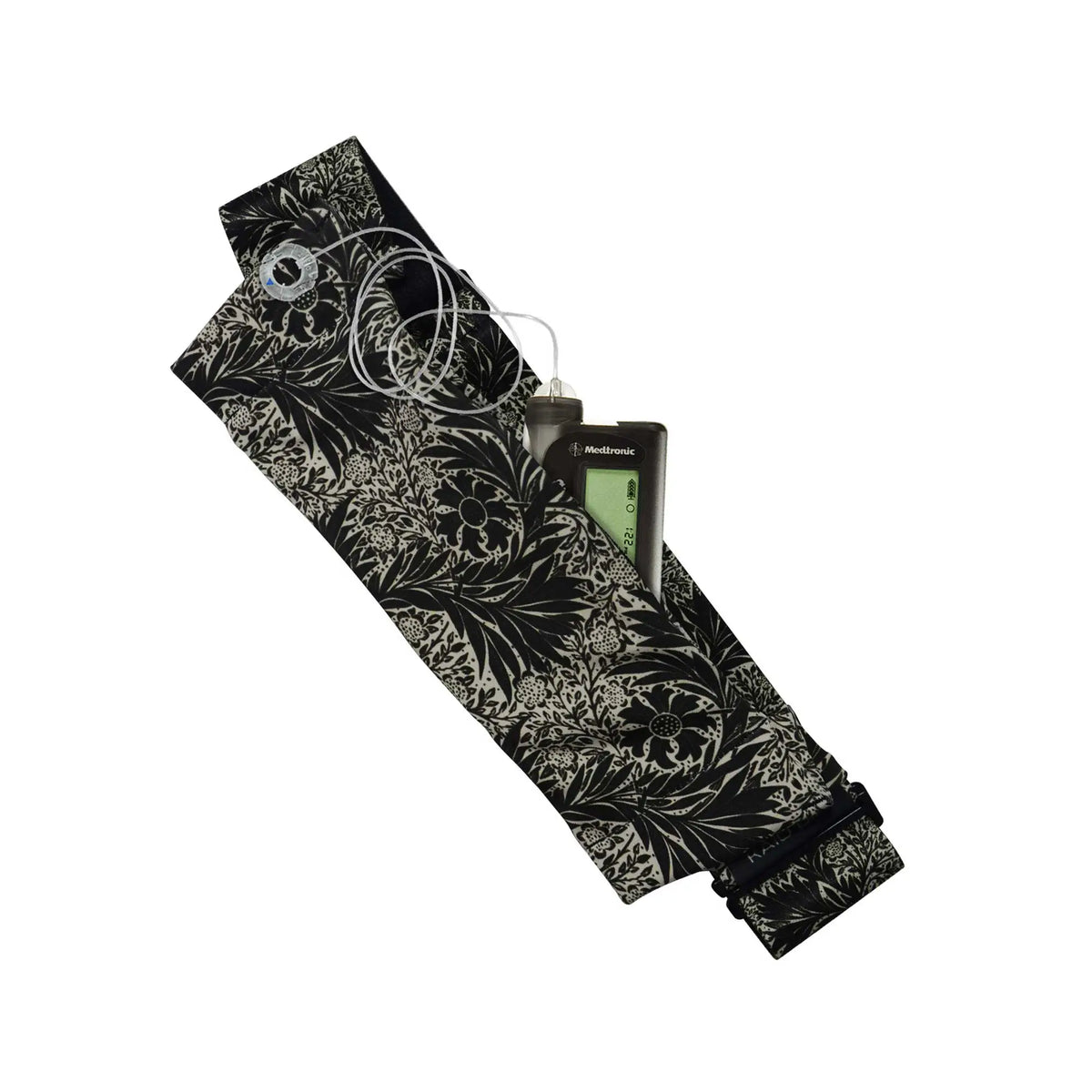 Midnight Paris insulin pump belt open with pump showing compatibility with insulin pump devices