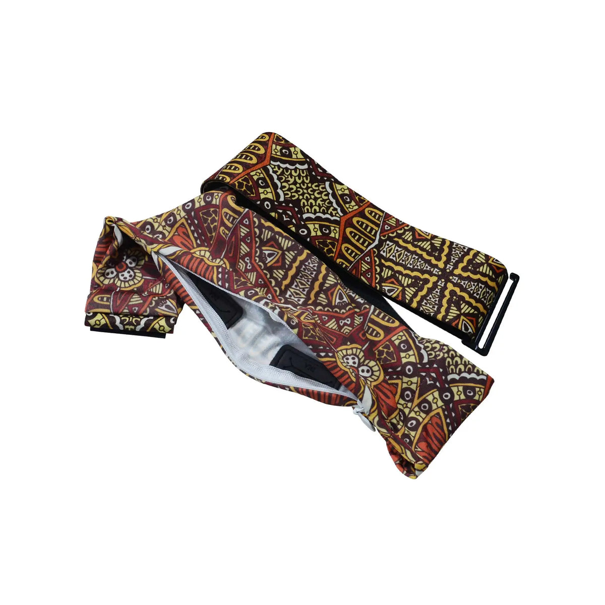 Printed insulin pump belt batik open zipper showing compartment for insulin pump access