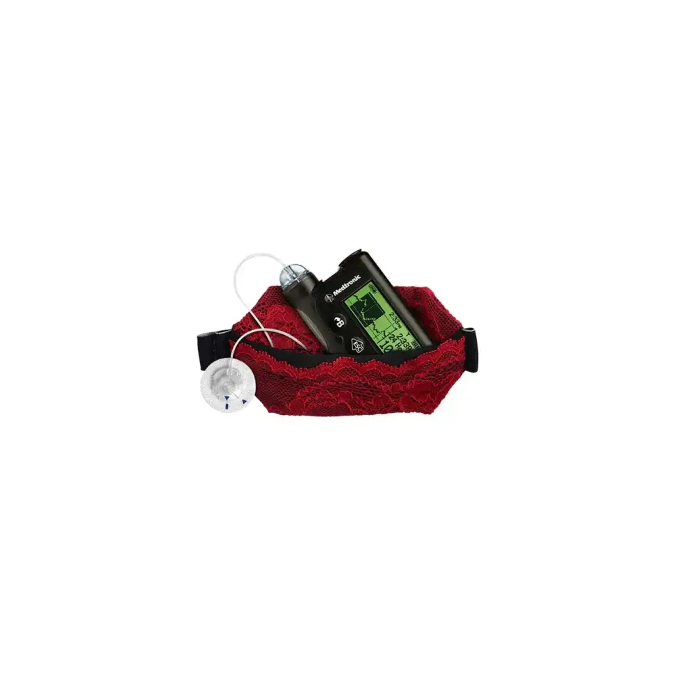 Elegant red lace insulin pump pouch with insulin pump inside, featuring reinforced tubing access.