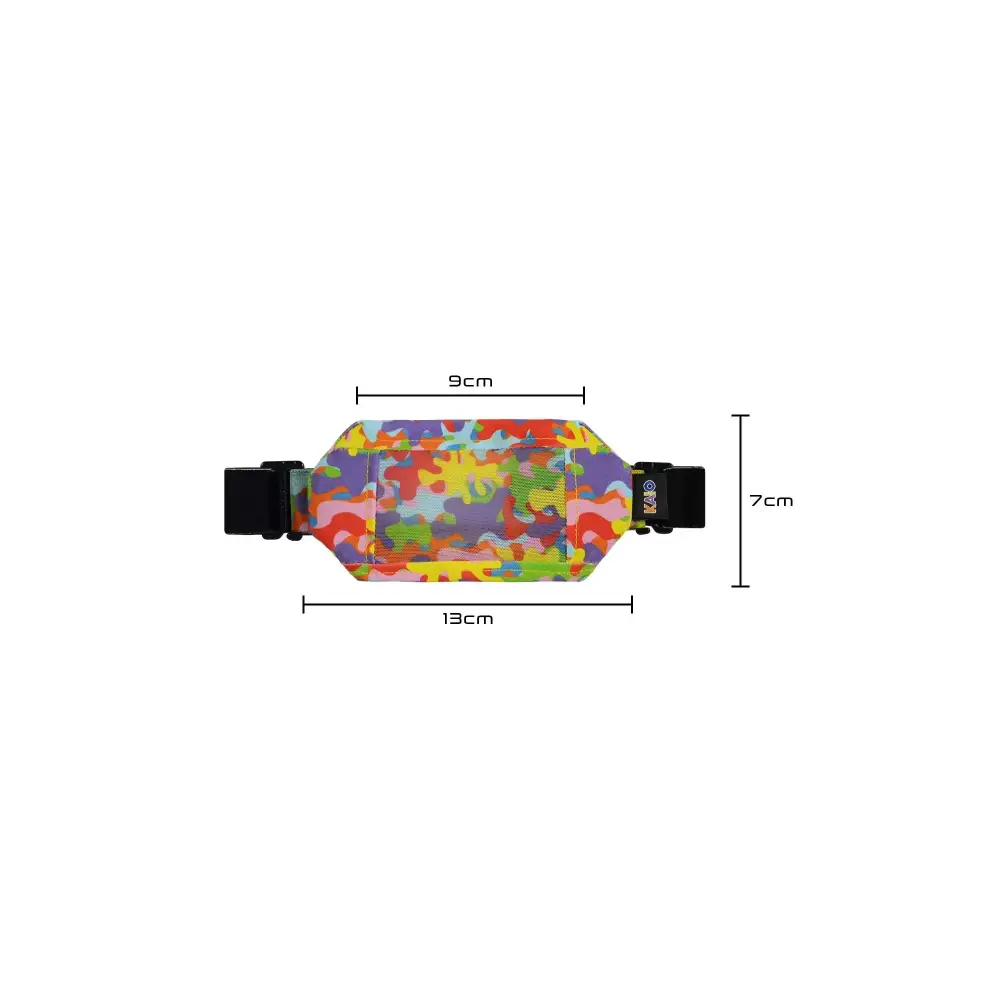 Colorful insulin pump pouch with mesh window, dimensions 13cm x 9cm x 7cm, designed for secure and convenient carrying.