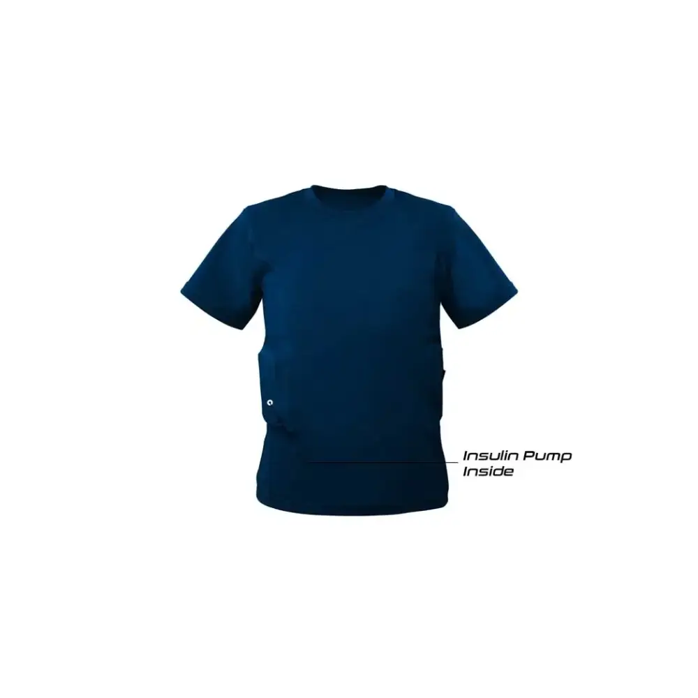 Insulin pump t-shirt for kids with side pockets and tubing holes.
