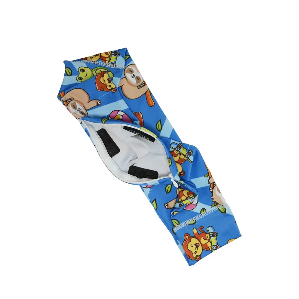 Insulin pump waist belt for small children with colorful animal print, soft stretch fabric, and secure zipper pocket for pump device.