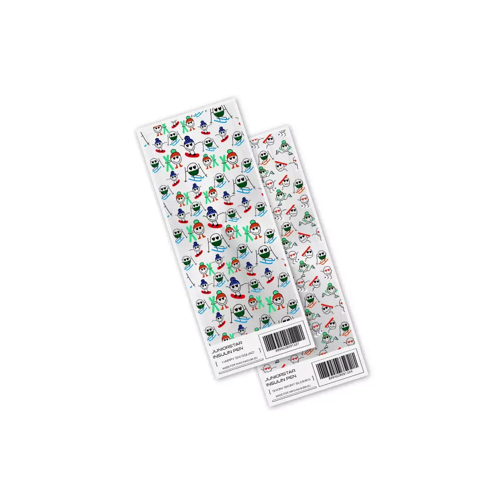 Two patterned rectangular stickers from JuniorSTAR Insulin Pen Winter Edition