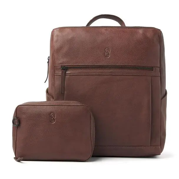 Leather diabetes backpack with a matching pouch, featuring secure storage and stylish design.