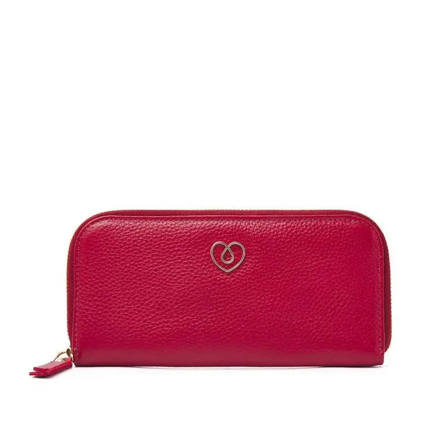 Red leather diabetic case from Sweet Collection with zip closure and heart emblem for stylish organization of diabetes care essentials.