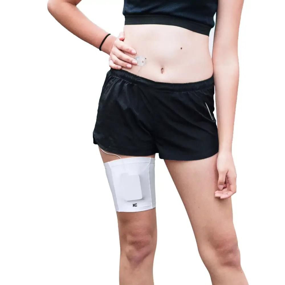 Insulin pump leg band worn on leg for secure device carrying.