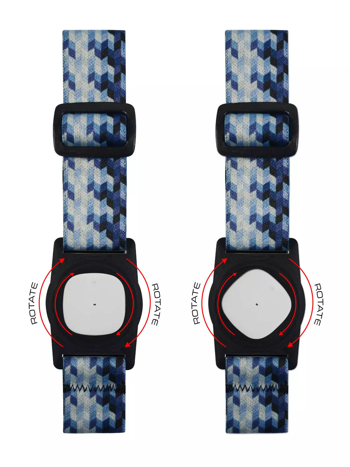 Simplera Sync Sensor Armband with Rotating Clip in Dia-Style graphic design, showcasing adjustable straps and sensor alignment feature.