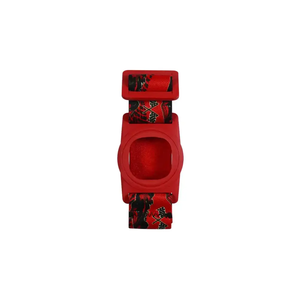 Medtronic Simplera armband for kids with a red whimsical print and rotating clip.