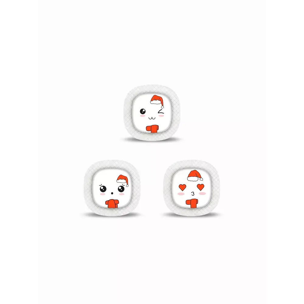 Three cute cartoon snowman faces with Santa hats on Medtronic Simplera CGM stickers