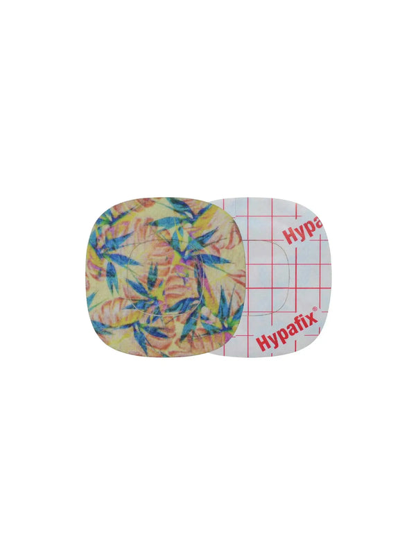 medtronic simplera overpatch with tropical print front and back view showing full adhesive coverage and design