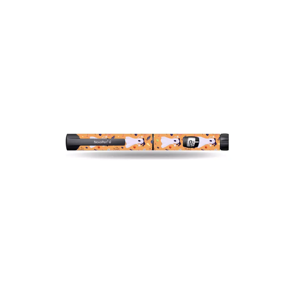 Novopen Echo insulin pen with Halloween-themed ghost and pumpkin sticker design