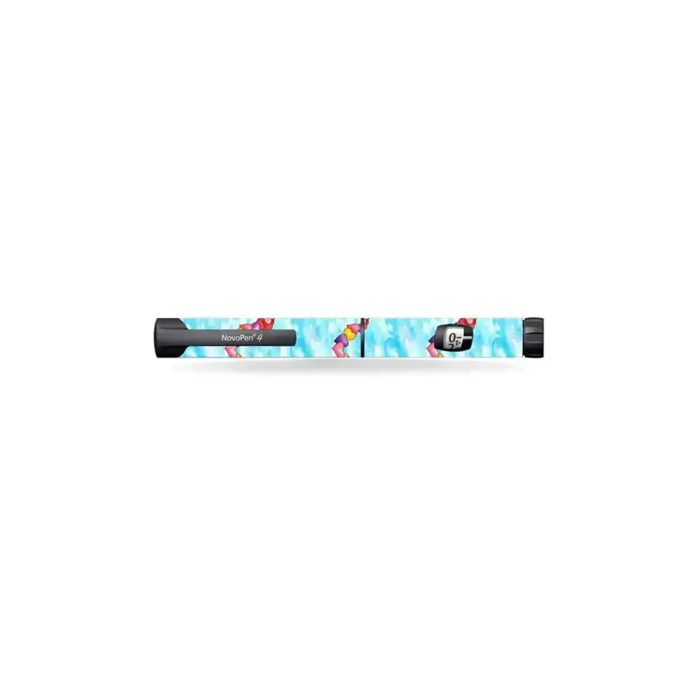 Novopen Echo insulin pen with vibrant kids' series decorative stickers featuring a summer-themed design.