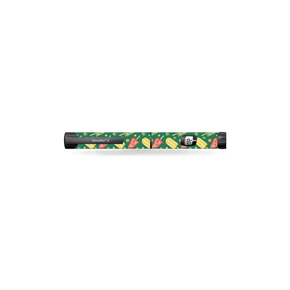 Novopen Echo with colorful kids' stickers featuring tropical fruits.