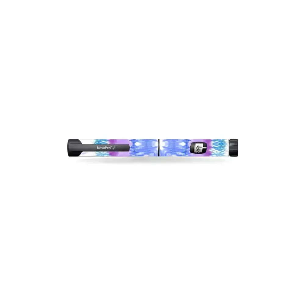 NovoPen 4 insulin pen with vibrant blue and purple Summer Vibes sticker wrap