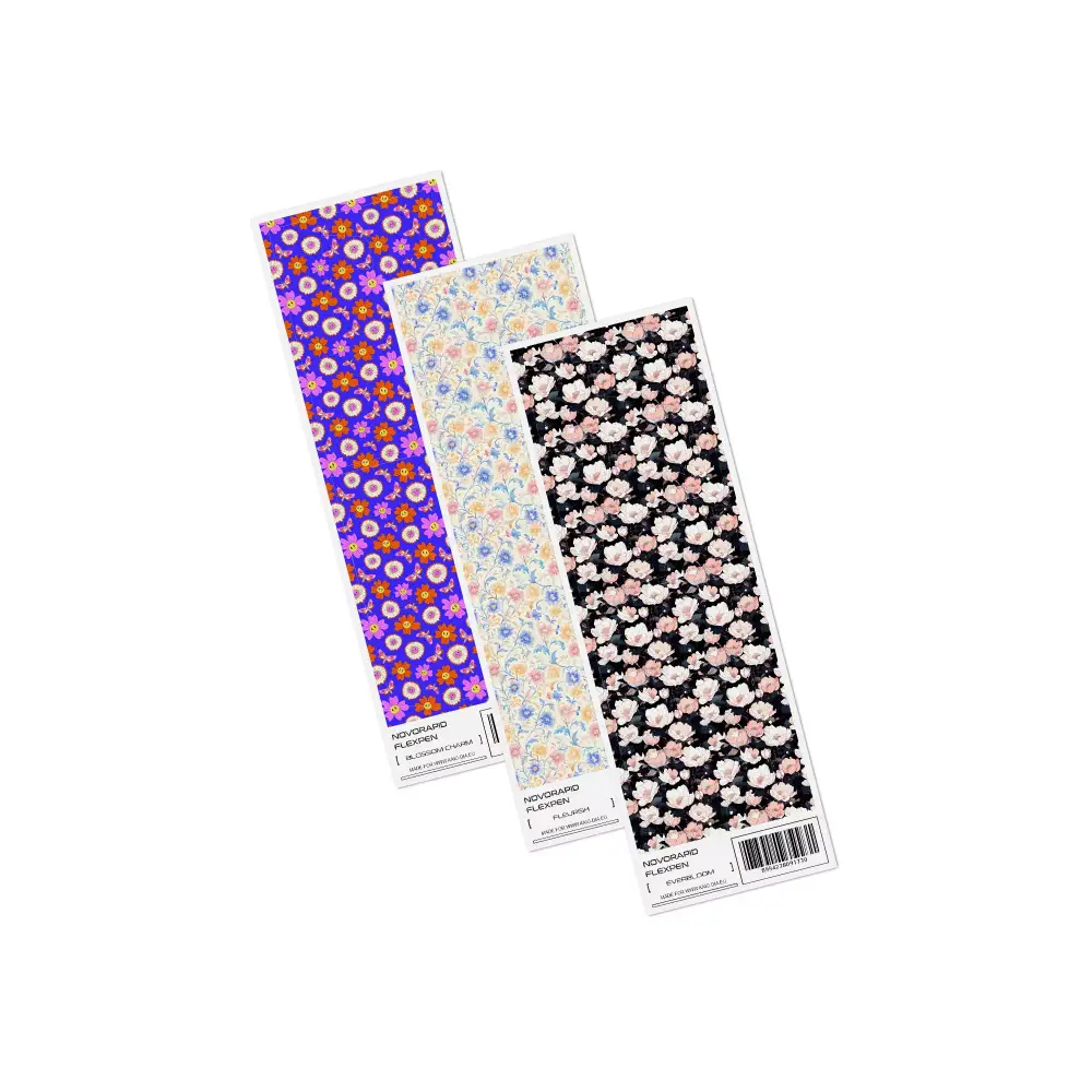 NovoRapid FlexPen Stickers spring edition with floral and butterfly designs in vibrant, pastel, and dark tones, waterproof vinyl decals for insulin pens.
