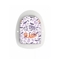 Omnipod Stickers - 'It's Spooky Season' theme featuring bats and Halloween text in purple and orange.