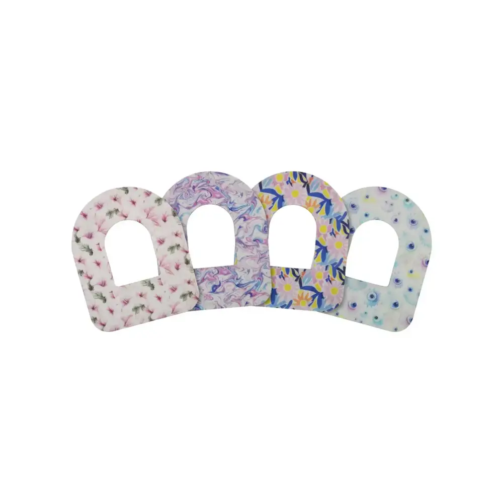 Adhesive patches for Omnipod Dash insulin pump with spring-inspired designs.
