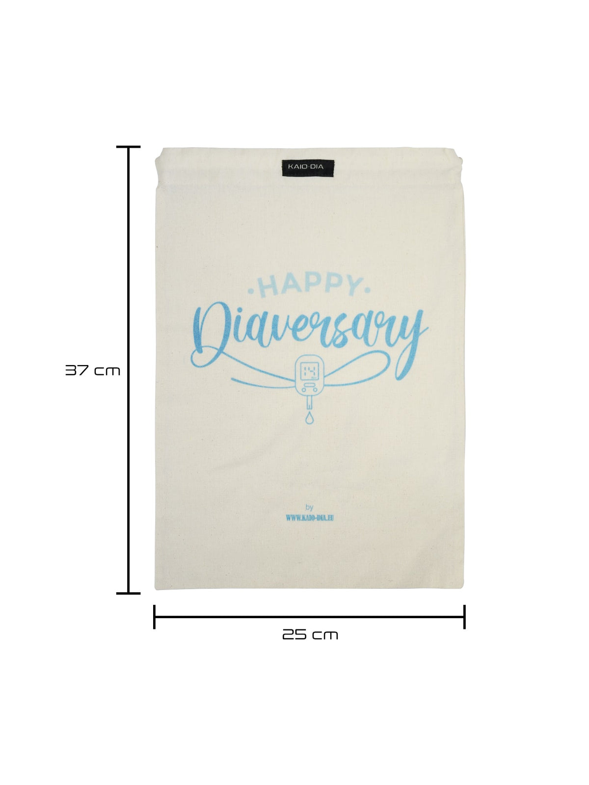 Kaio-Dia Diaversary Shoe Bag dimensions: 37 cm height by 25 cm width. 'Happy Diaversary' print displayed on the front with Kaio-Dia label on top.