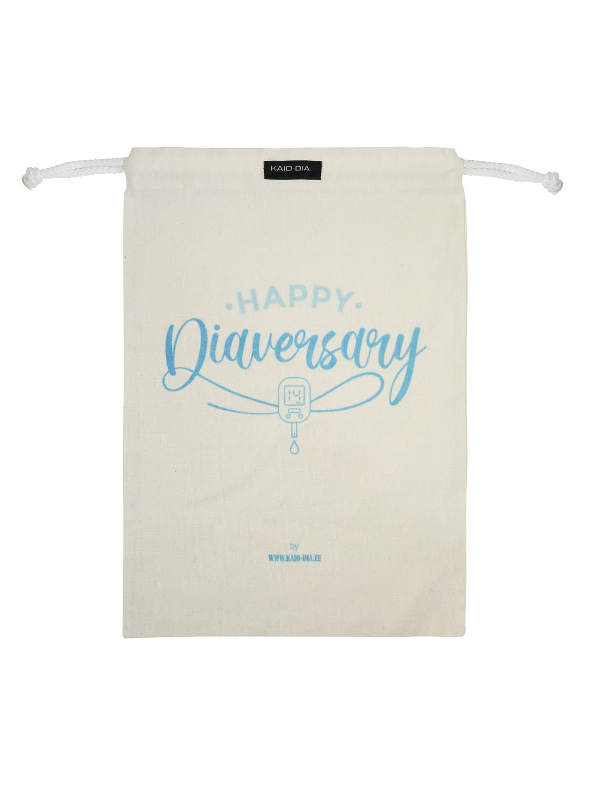 Kaio-Dia Diaversary Shoe Bag with 'Happy Diaversary' design, front view showing drawstring closure. Durable cotton material with light blue diabetes-inspired print.