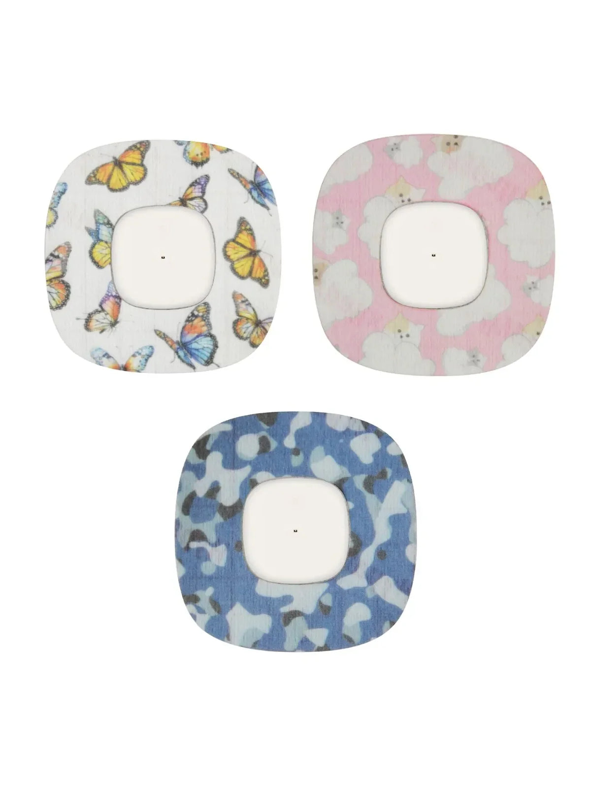 Børneplastre til Simplera Sync, design med sommerfugle og blå camouflage