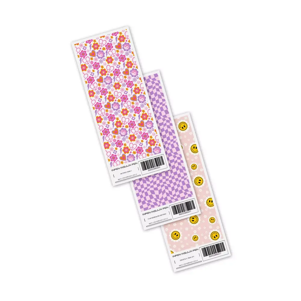 Y2K collection stickers for InPen insulin pen featuring floral, chessboard, and smiley designs.