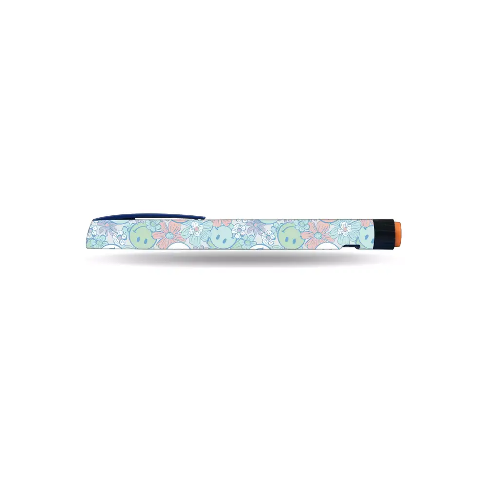 Y2K Collection stickers on NovoRapid Flexpen with smileys and florals design.