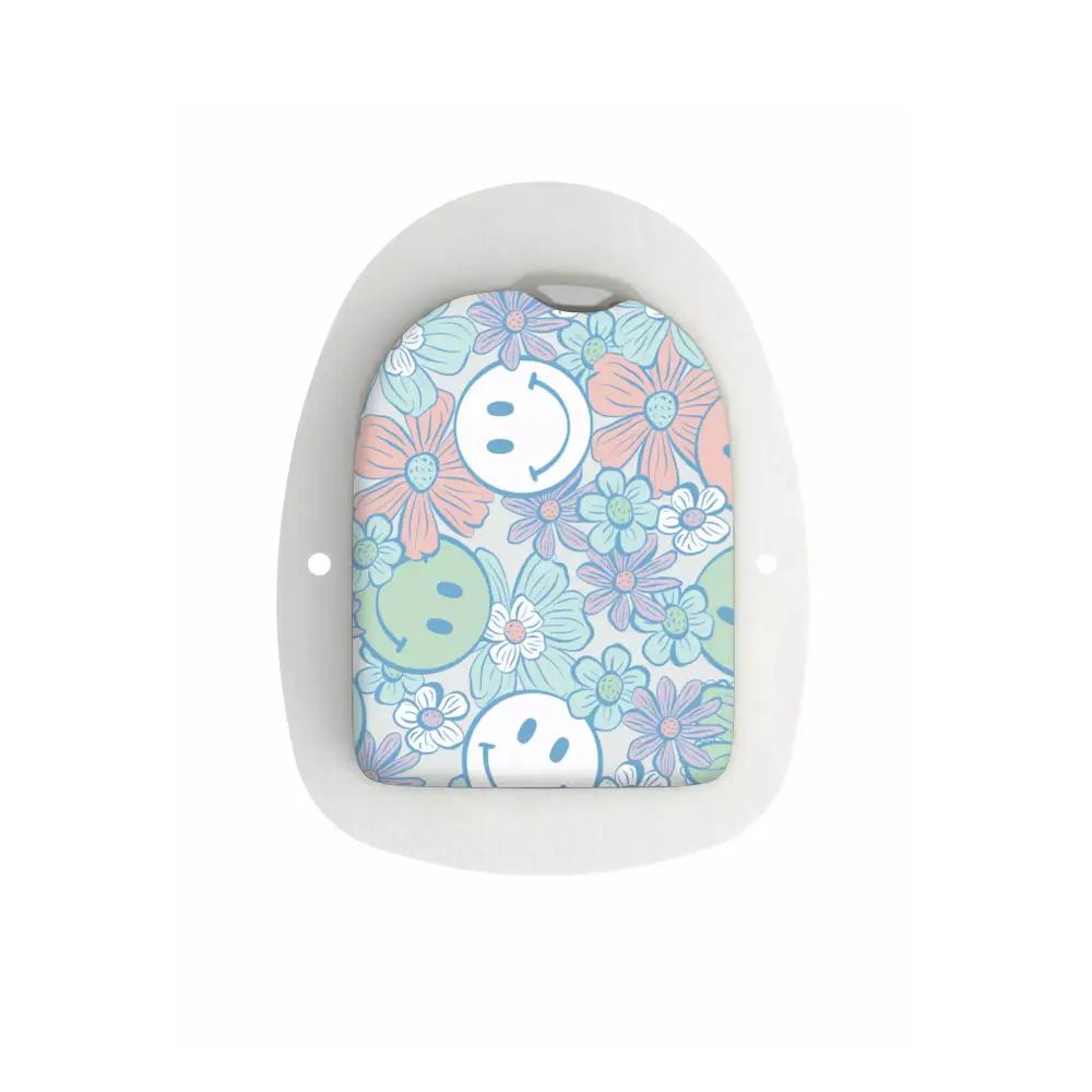 retro Y2K stickers for Omnipod POD, featuring groovy smileys and floral patterns