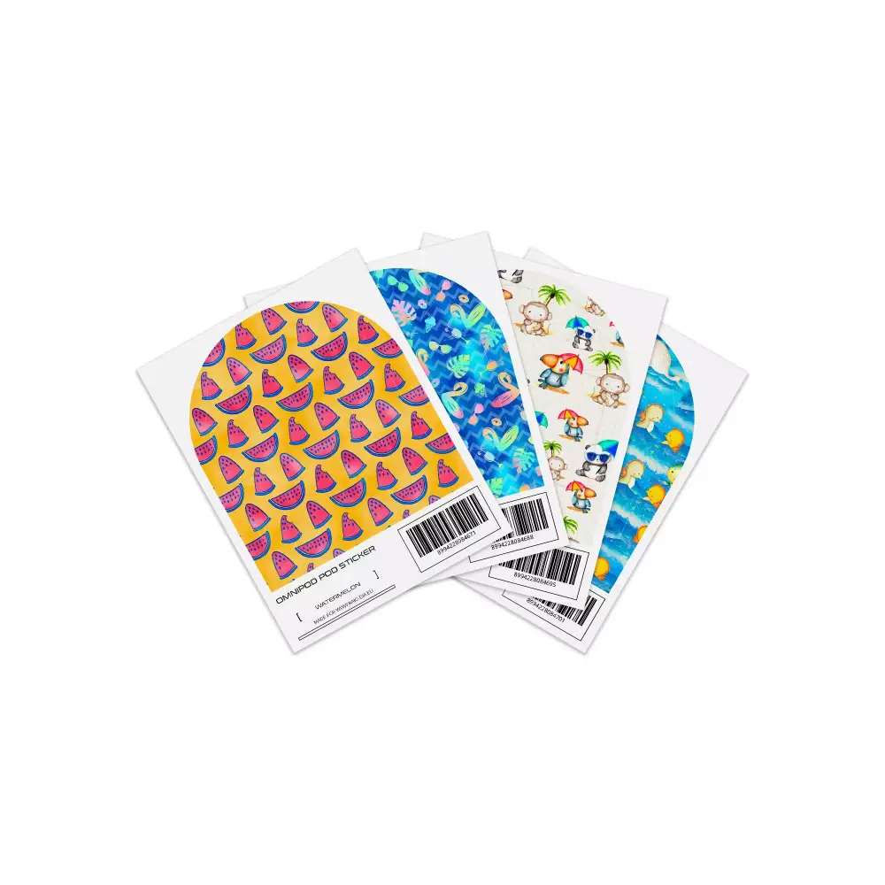 Omnipod Pod Stickers Summer Edition featuring vibrant ocean and tropical designs.