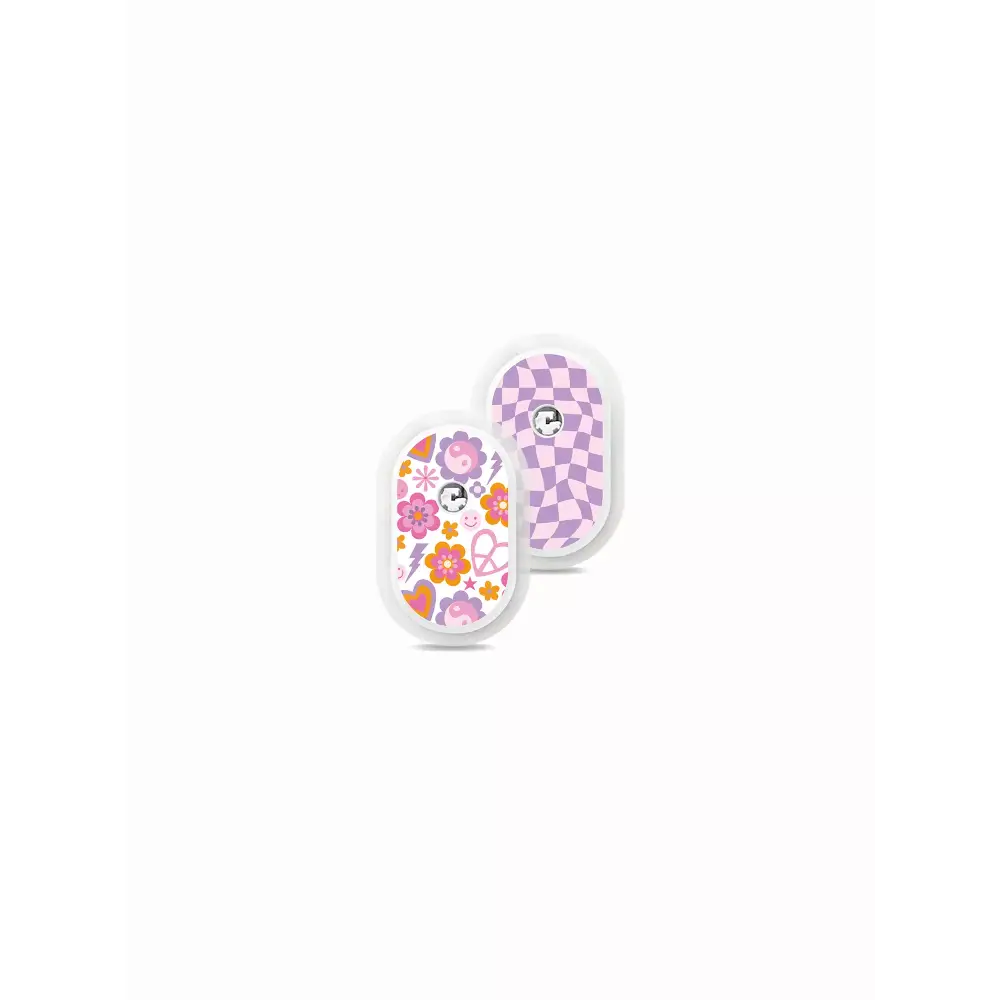 Y2K-themed stickers for Sibionics GS1 CGM with checkerboard and flower power patterns.